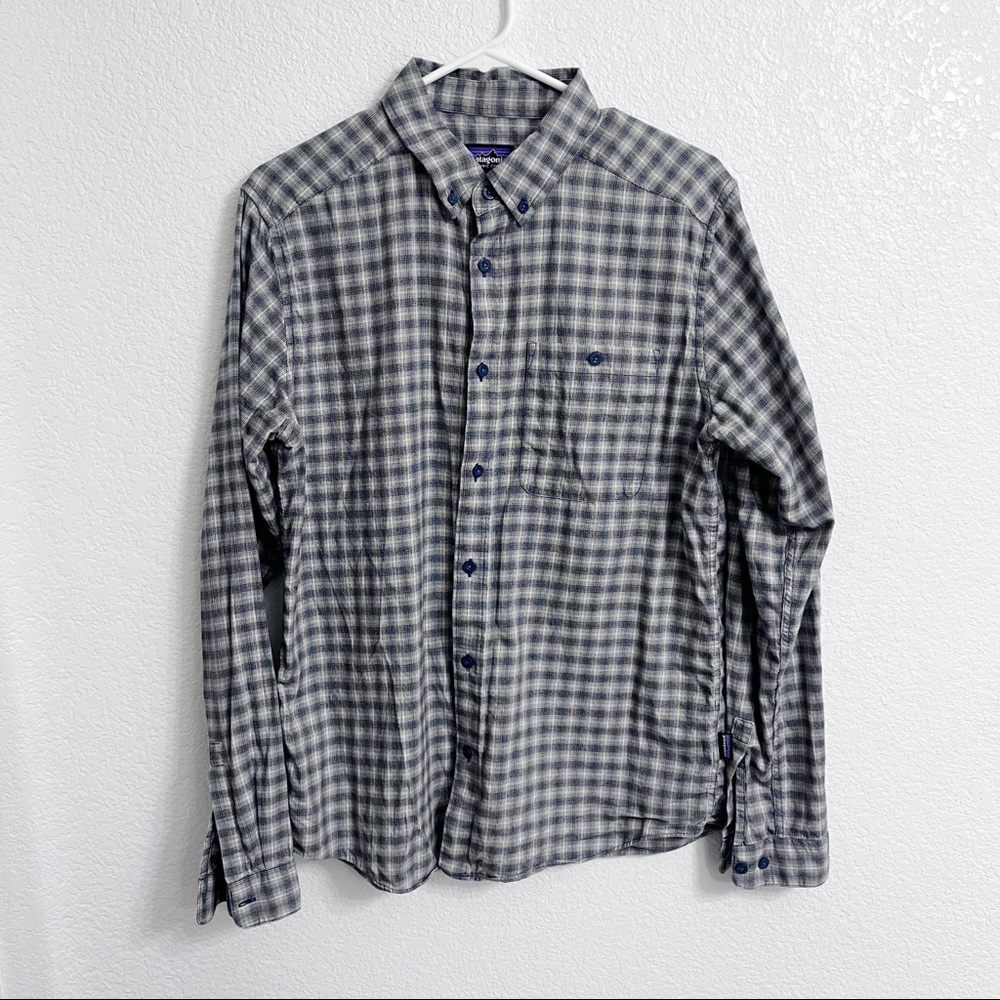 Patagonia Organic Cotton Plaid Long Sleeve Men's Medium Light Brown/Dark Blue - Picture 1 of 15